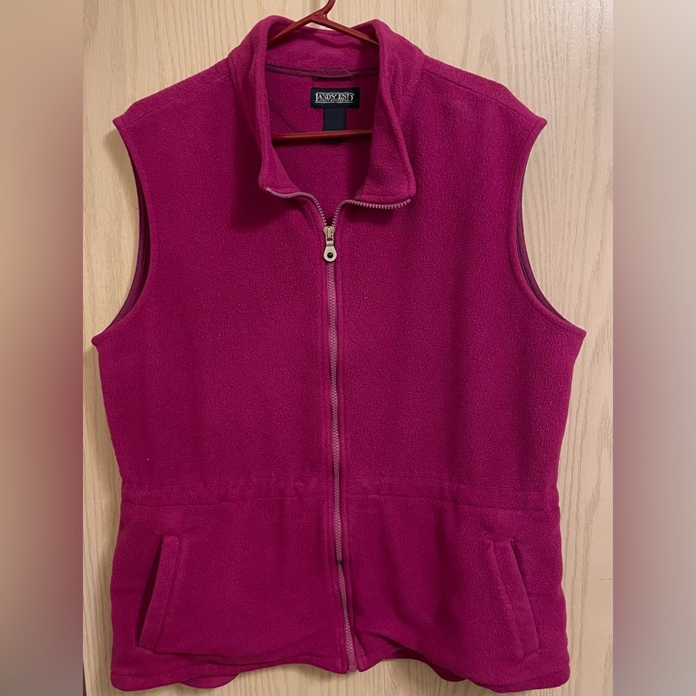 Lands' End Dark Pink Fleece Zip Up Vest Polartec Women’s XL Adjustable Waist